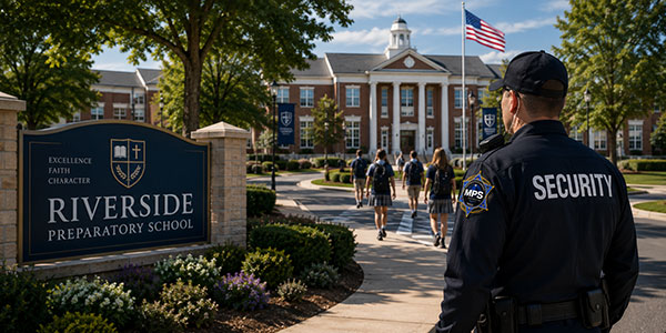 Private school security guard walking on campus